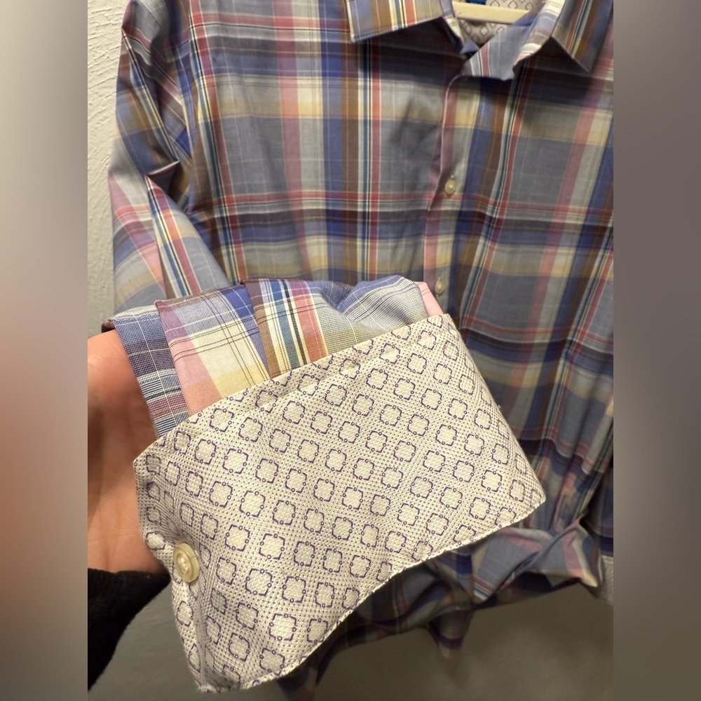 Egara Big & Tall 2XLT Non-Iron Plaid Button-Down Shirt Blue Pink Cotton Stretch - Picture 5 of 6